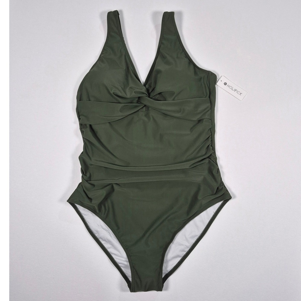 Holipick One Piece Swimsuit Olive Green Tummy Control Twist Front XL NWT